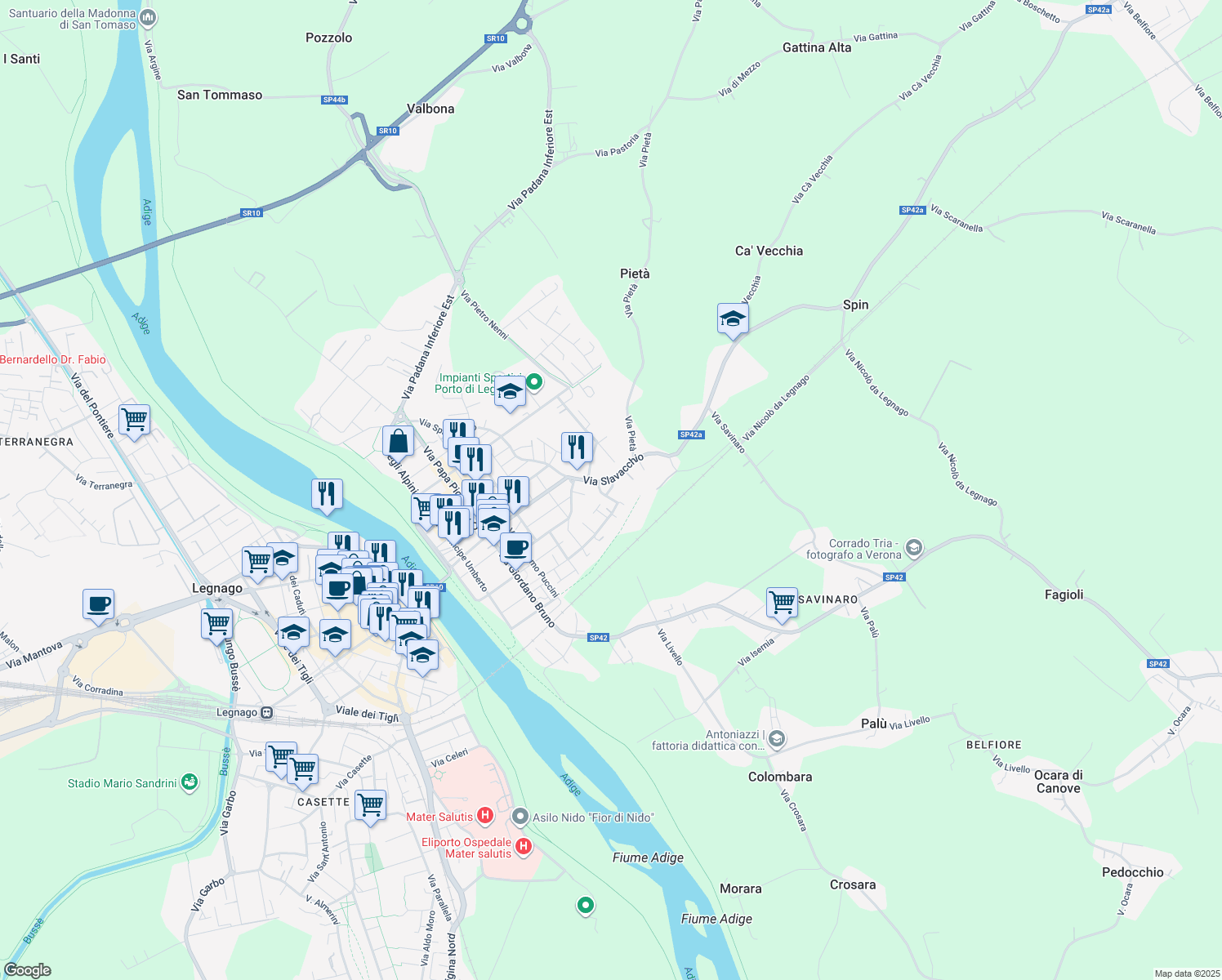 map of restaurants, bars, coffee shops, grocery stores, and more near 12 Via Slavacchio in Legnago