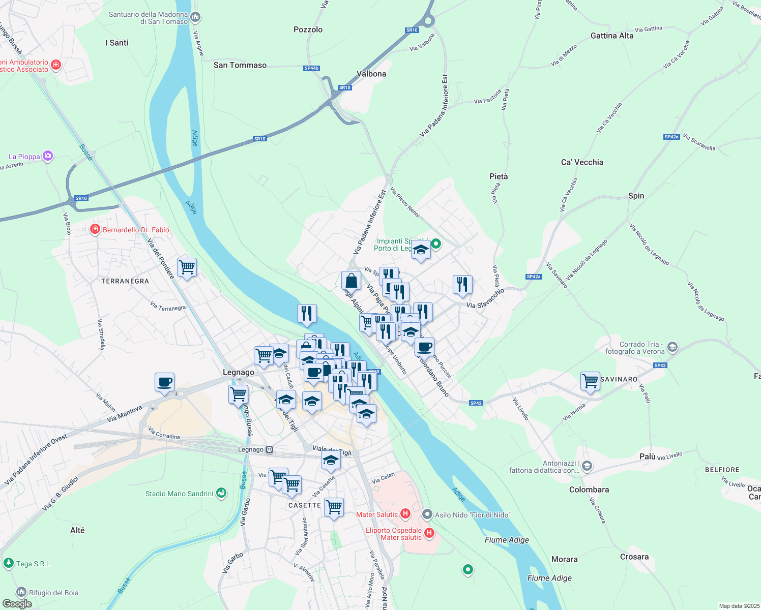 map of restaurants, bars, coffee shops, grocery stores, and more near 18 Via Nino Bixio in Legnago