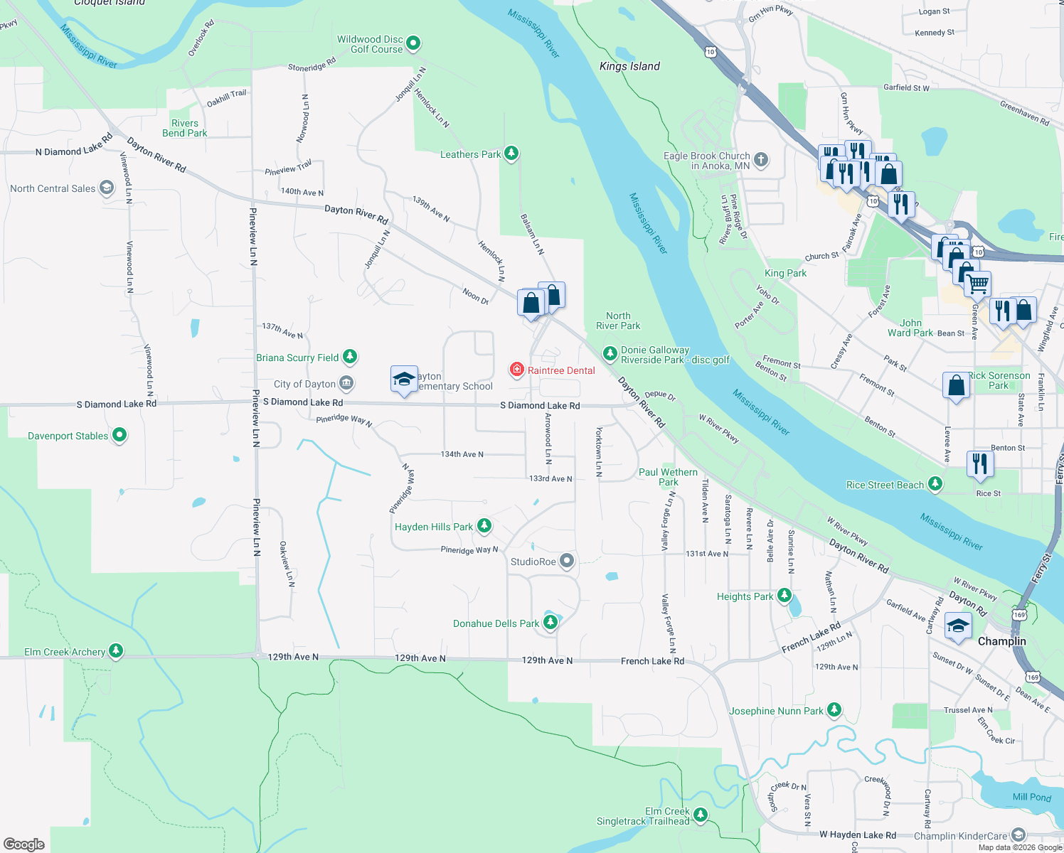 map of restaurants, bars, coffee shops, grocery stores, and more near 13440 Balsam Lane North in Dayton