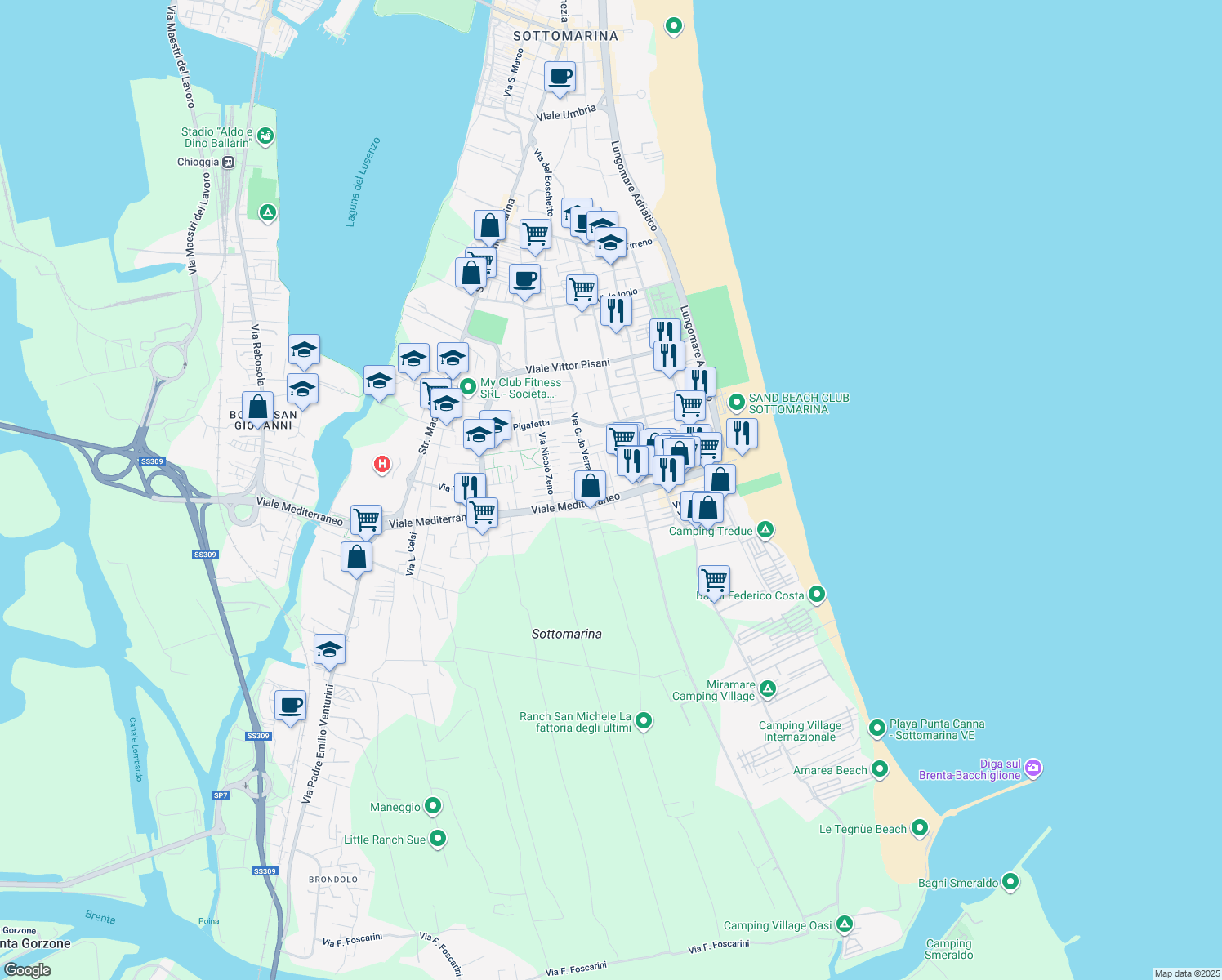 map of restaurants, bars, coffee shops, grocery stores, and more near 178 Viale Mediterraneo in Chioggia
