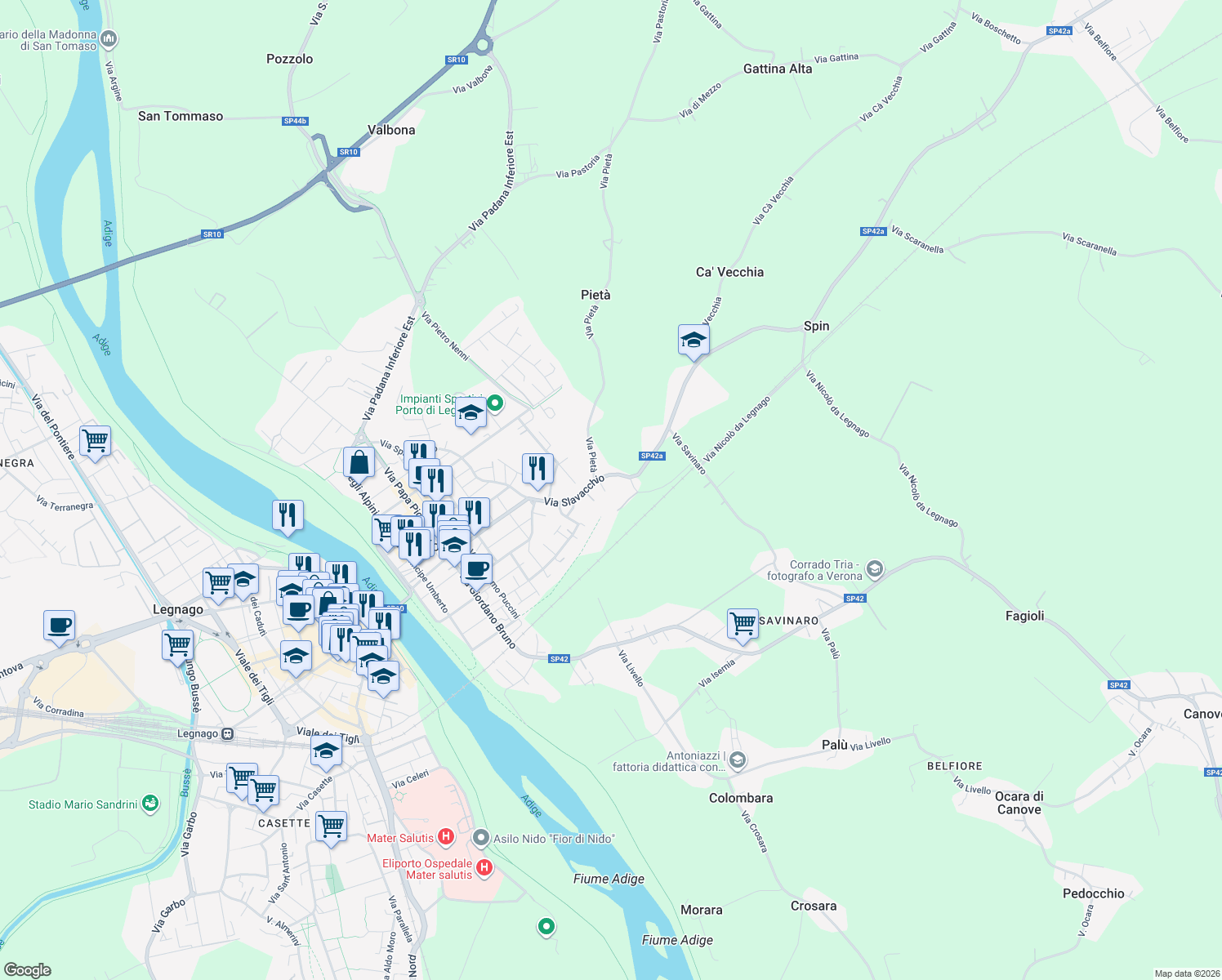 map of restaurants, bars, coffee shops, grocery stores, and more near 12 Via Slavacchio in Legnago