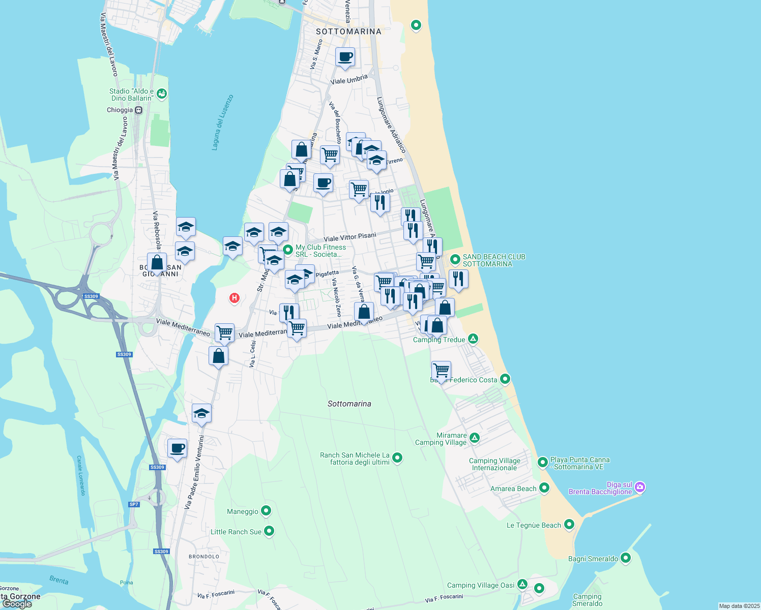 map of restaurants, bars, coffee shops, grocery stores, and more near 178 Viale Mediterraneo in Chioggia