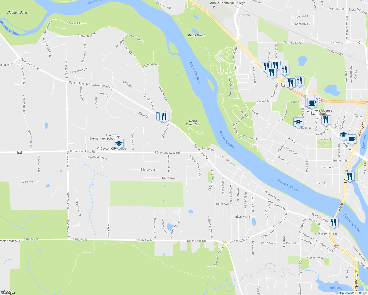 map of restaurants, bars, coffee shops, grocery stores, and more near 1329 South Diamond Lake Road in Champlin