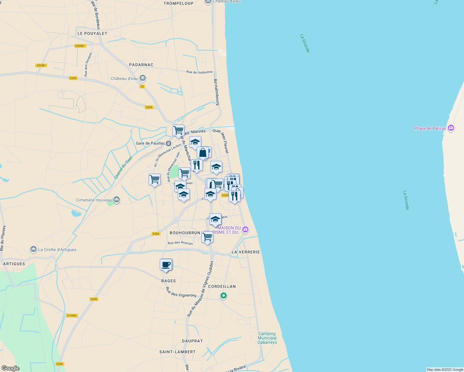 map of restaurants, bars, coffee shops, grocery stores, and more near 1 Quai Antoine Ferchaud in Pauillac