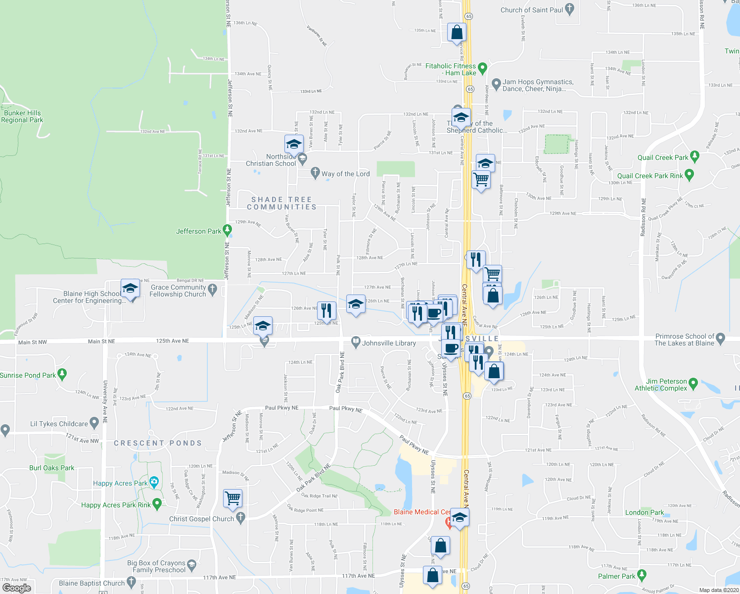 map of restaurants, bars, coffee shops, grocery stores, and more near 1083 126th Lane Northeast in Blaine