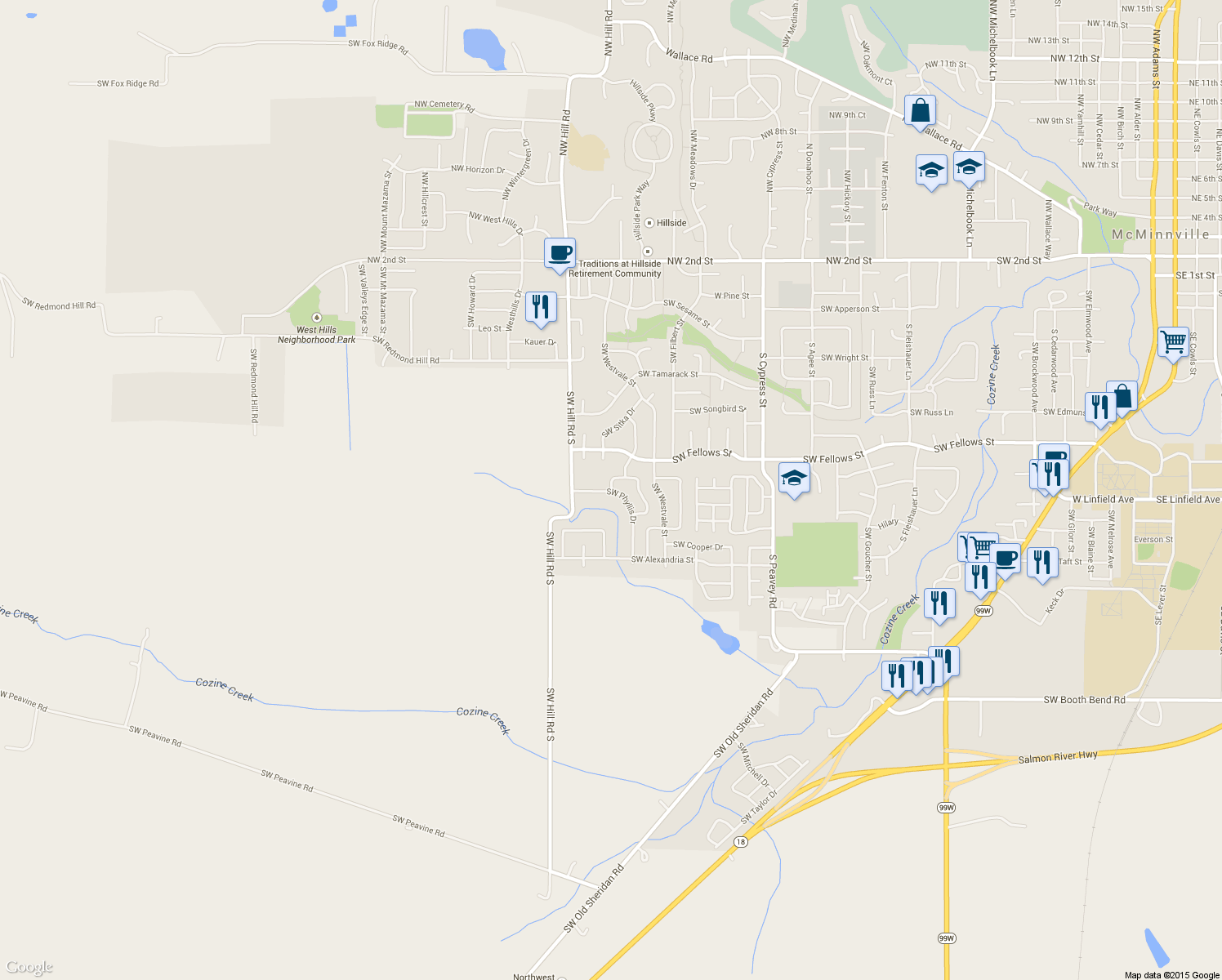 map of restaurants, bars, coffee shops, grocery stores, and more near 1170 Southwest Marie Drive in McMinnville
