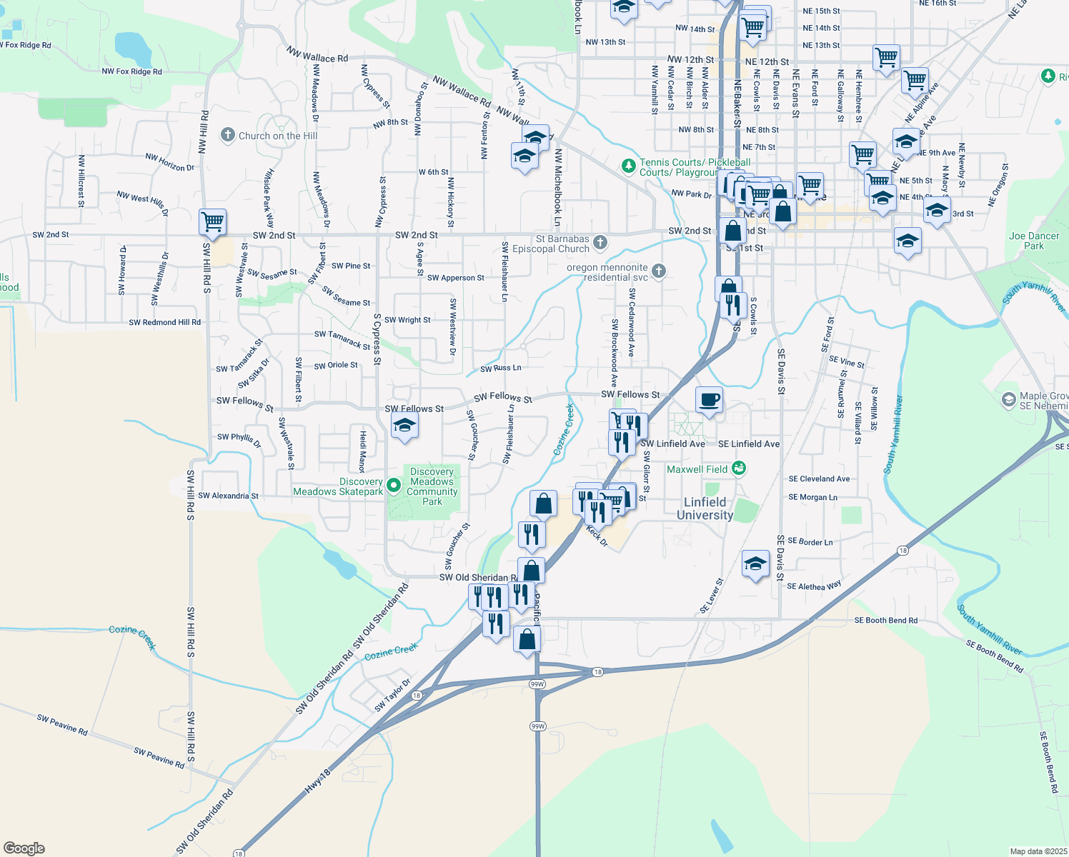 map of restaurants, bars, coffee shops, grocery stores, and more near 1149 West Tall Oaks Court in McMinnville