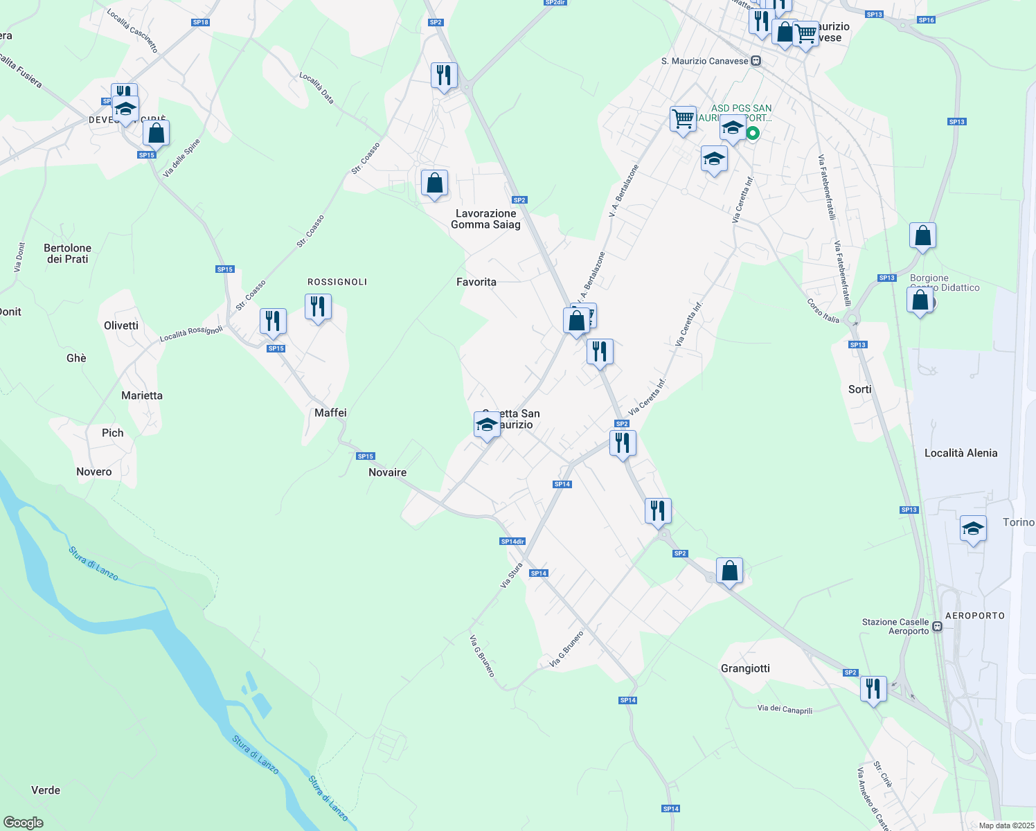 map of restaurants, bars, coffee shops, grocery stores, and more near 81 Via Cavaliere G. Brunetto in San Maurizio Canavese