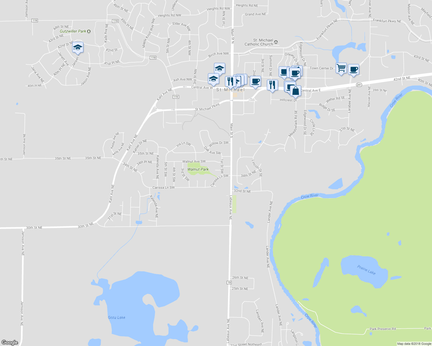 map of restaurants, bars, coffee shops, grocery stores, and more near 504 Maren Circle Southwest in Saint Michael