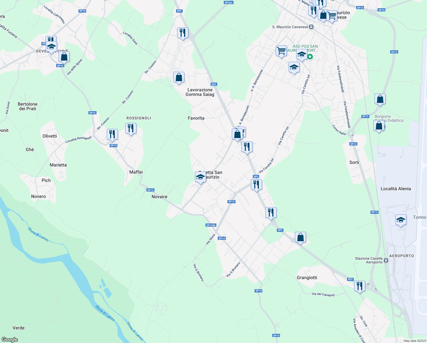 map of restaurants, bars, coffee shops, grocery stores, and more near 81 Via Cavaliere G. Brunetto in San Maurizio Canavese