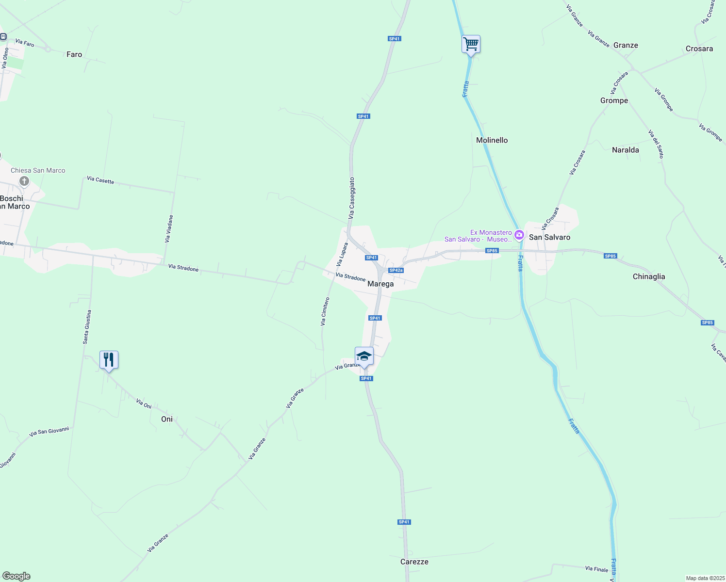map of restaurants, bars, coffee shops, grocery stores, and more near 116 Via Don Camillo Faccioli in Marega