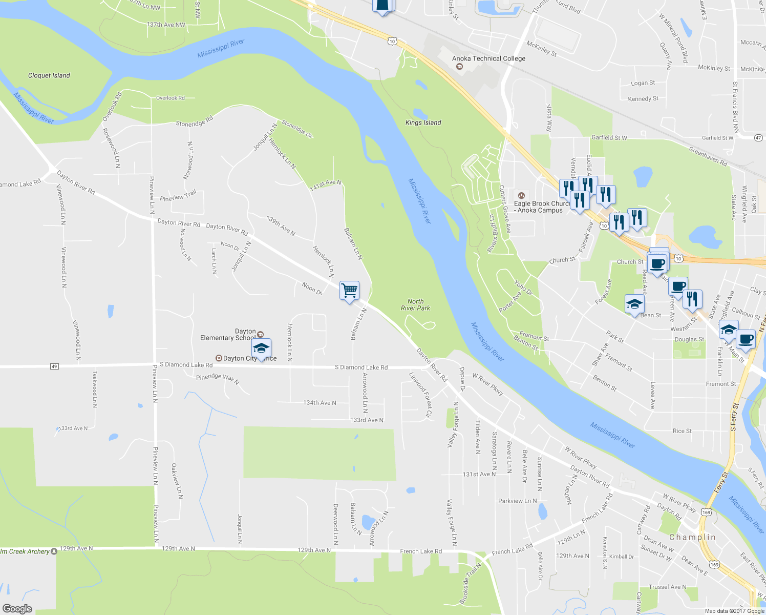 map of restaurants, bars, coffee shops, grocery stores, and more near 11280 Dayton River Road in Dayton