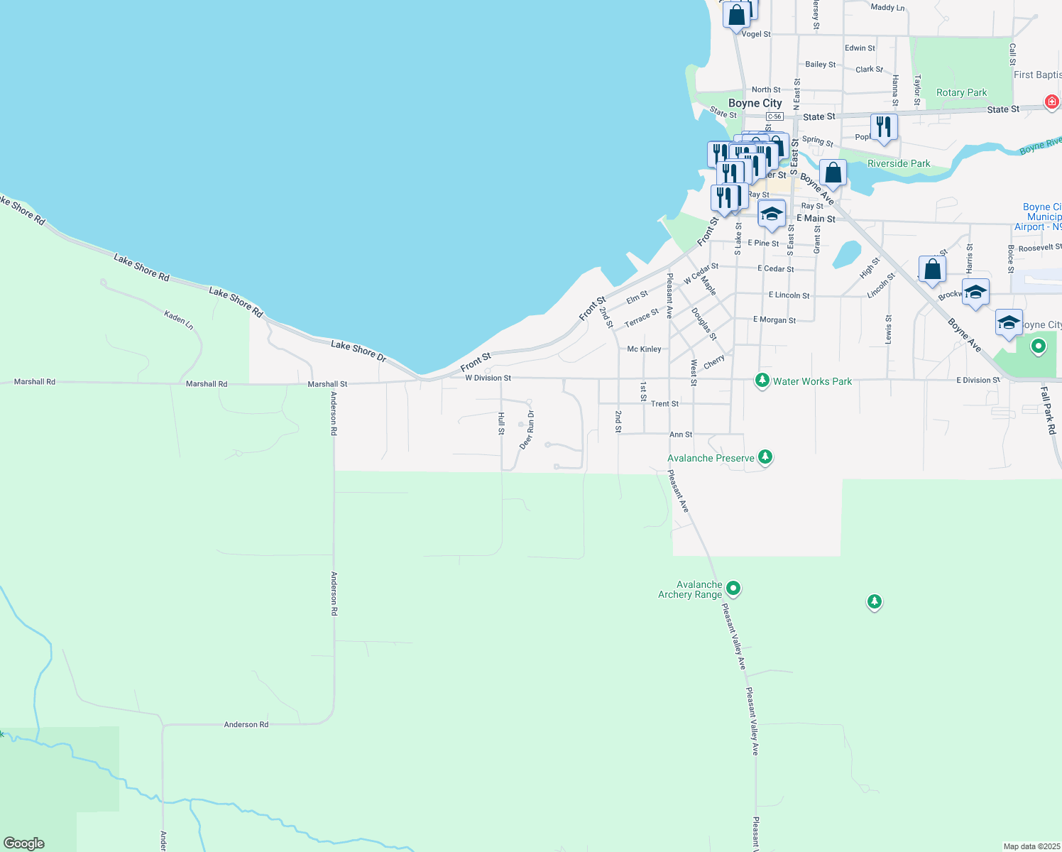 map of restaurants, bars, coffee shops, grocery stores, and more near 841 Deer Run Dr in Boyne City