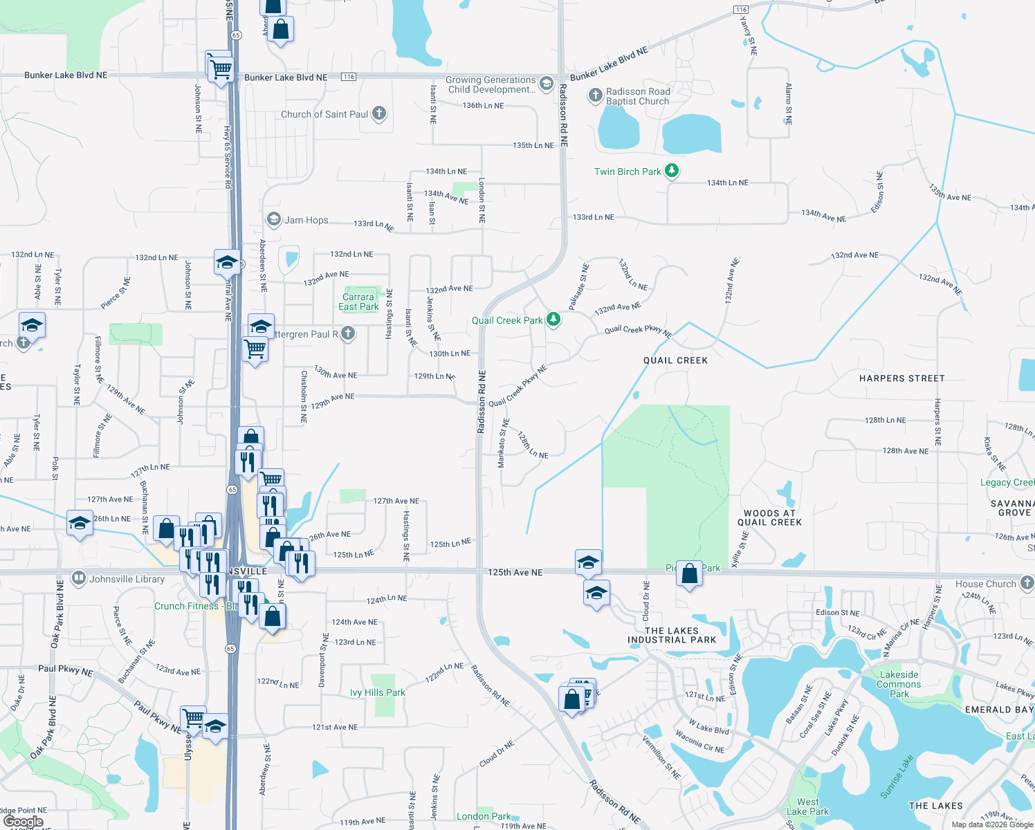 map of restaurants, bars, coffee shops, grocery stores, and more near 12883 Mankato Street Northeast in Blaine