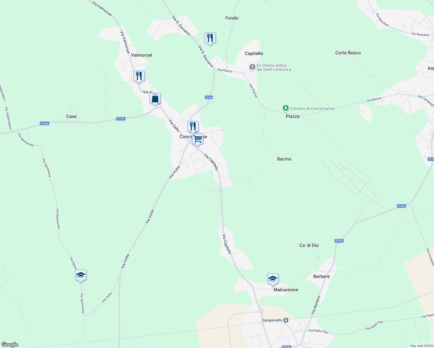 map of restaurants, bars, coffee shops, grocery stores, and more near 76 Via Capitello in Piazza