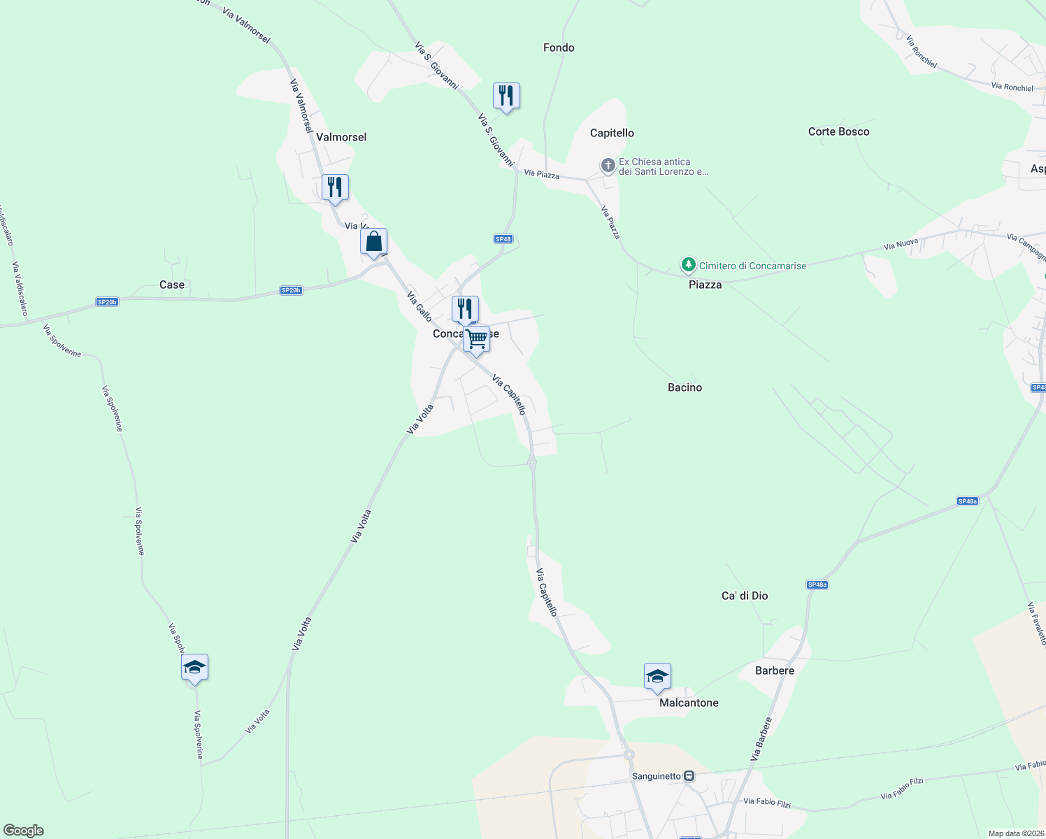 map of restaurants, bars, coffee shops, grocery stores, and more near 76 Via Capitello in Piazza