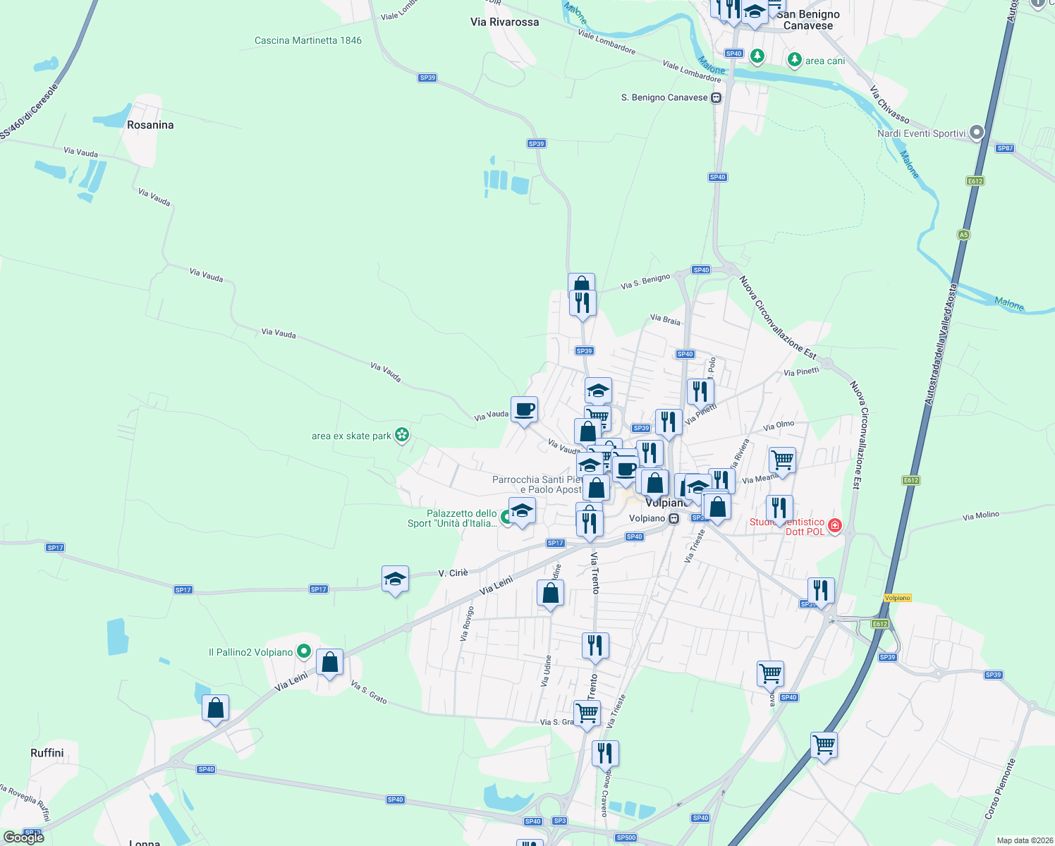 map of restaurants, bars, coffee shops, grocery stores, and more near 56 Via Vauda in Volpiano