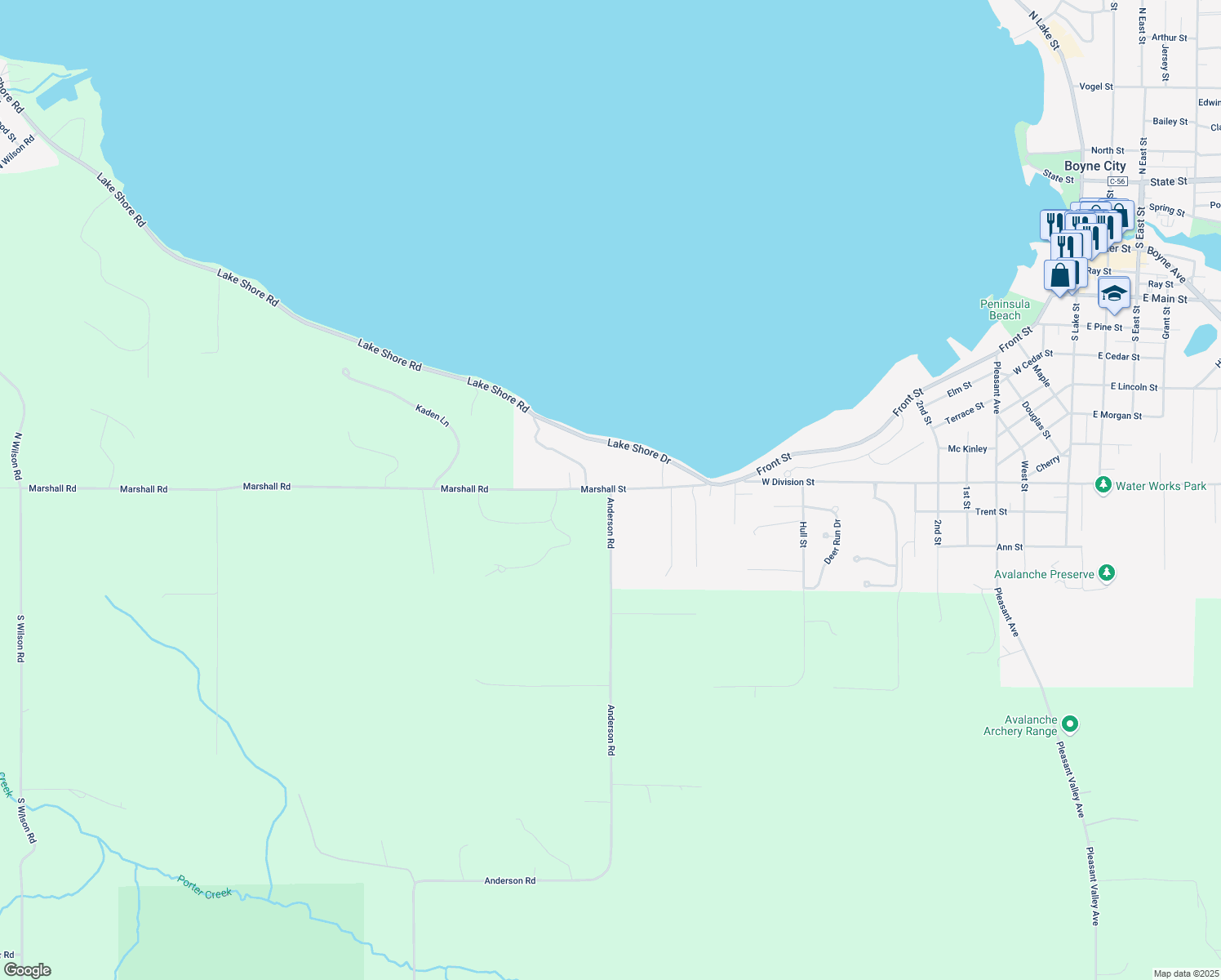 map of restaurants, bars, coffee shops, grocery stores, and more near Marshall St in Boyne City