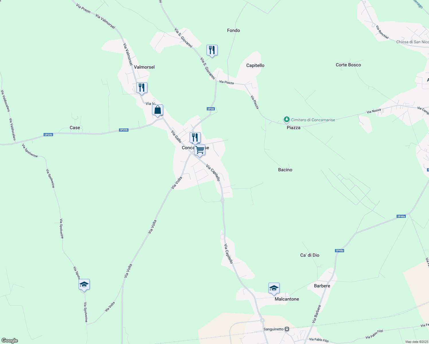 map of restaurants, bars, coffee shops, grocery stores, and more near 63 Via Capitello in Piazza