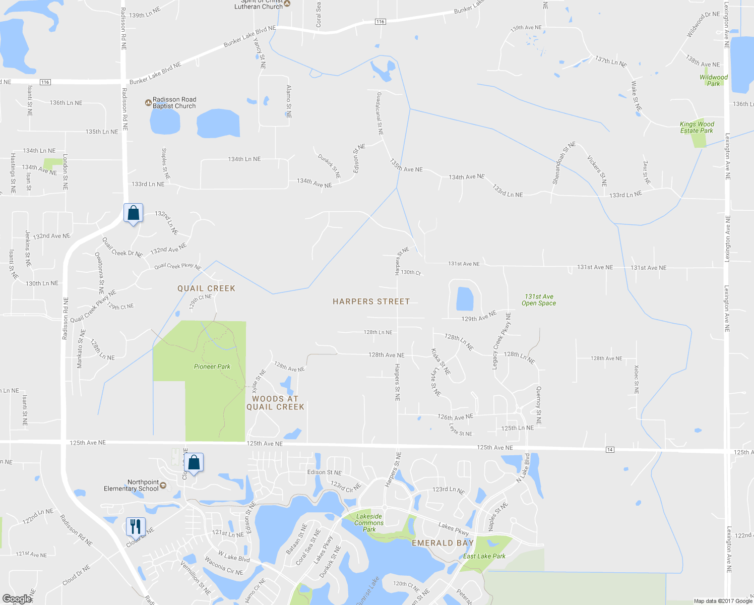 map of restaurants, bars, coffee shops, grocery stores, and more near 3066 129th Lane Northeast in Blaine