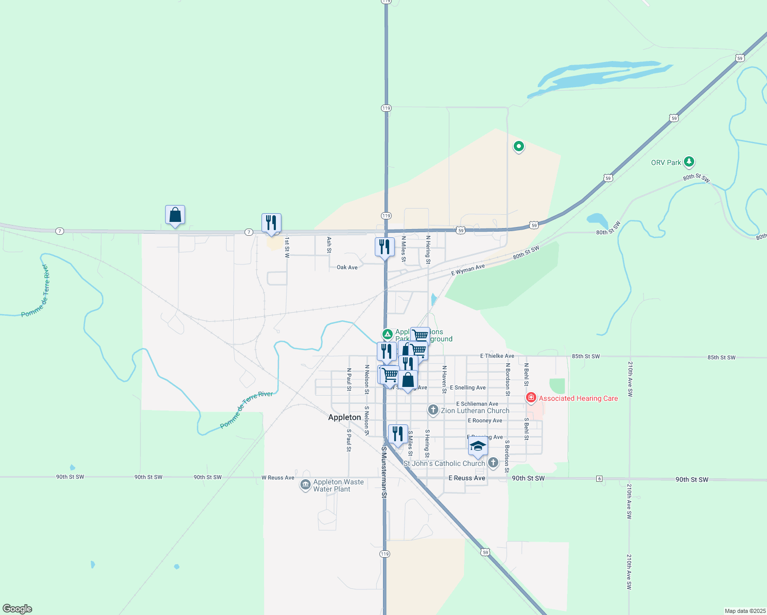 map of restaurants, bars, coffee shops, grocery stores, and more near 627 North Munsterman Street in Appleton