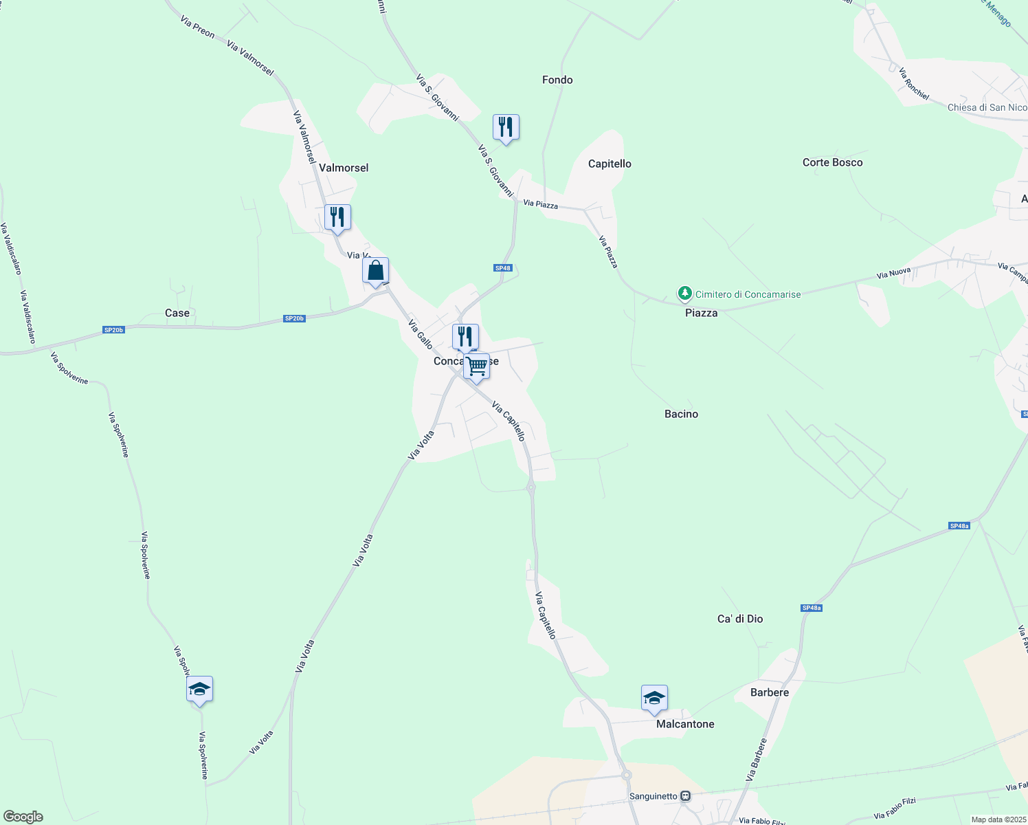 map of restaurants, bars, coffee shops, grocery stores, and more near 63 Via Capitello in Piazza