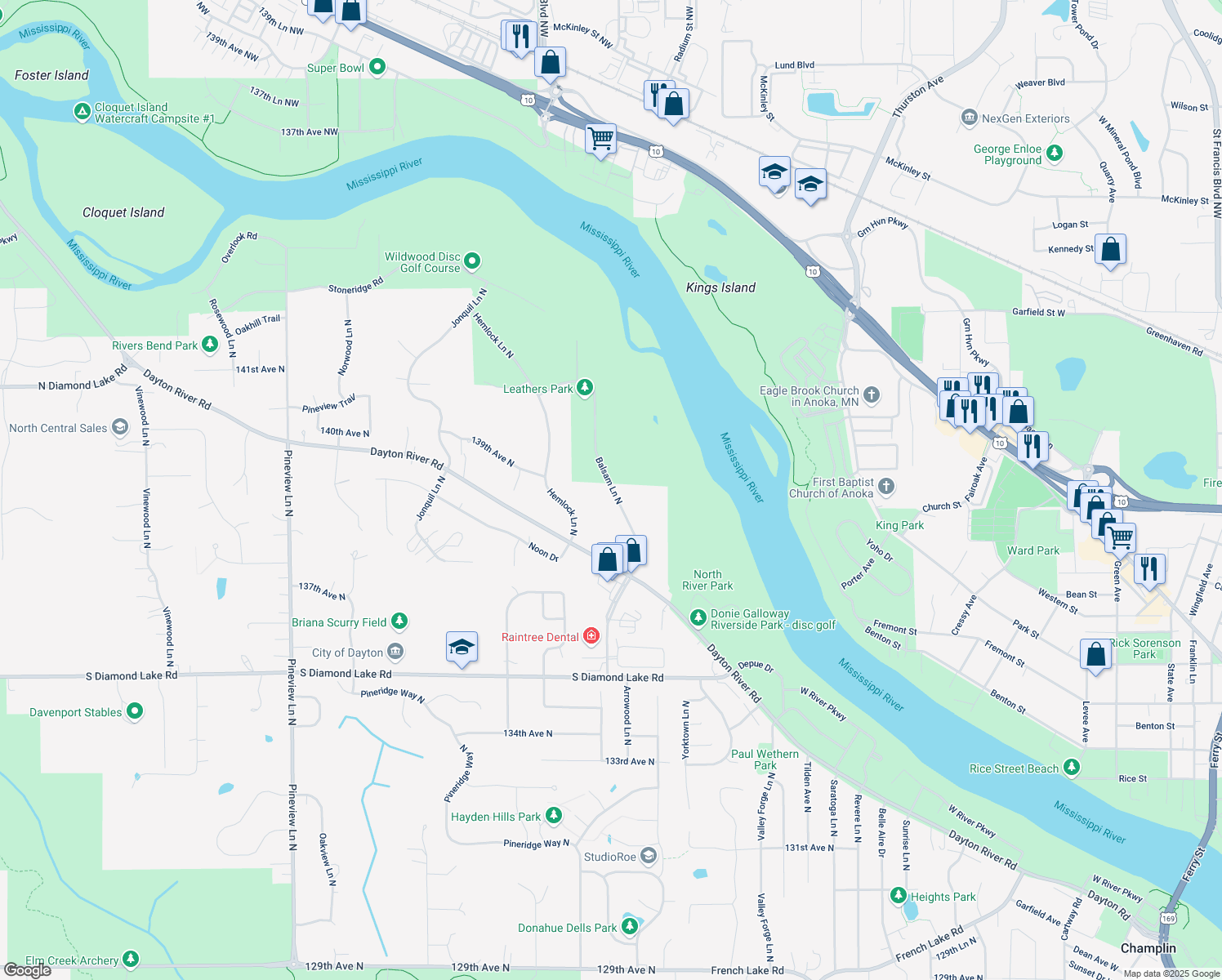 map of restaurants, bars, coffee shops, grocery stores, and more near 13901 Balsam Lane North in Dayton