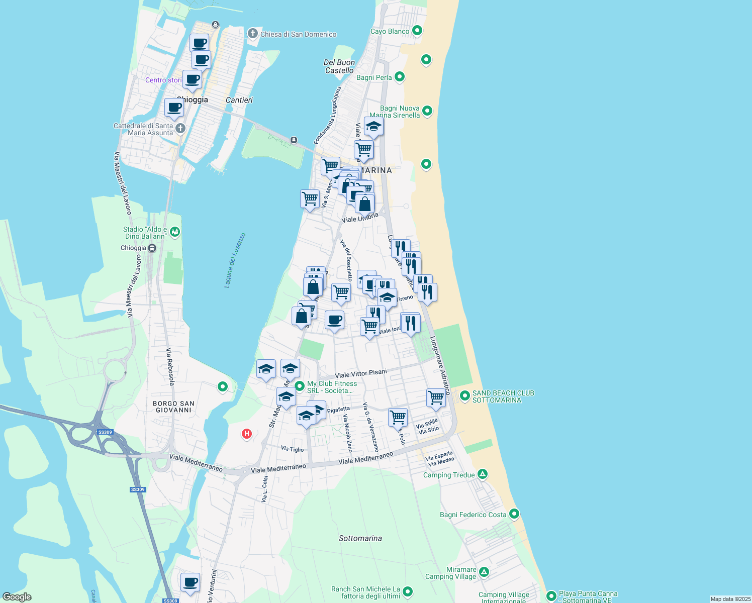 map of restaurants, bars, coffee shops, grocery stores, and more near 86 Viale Tirreno in Chioggia