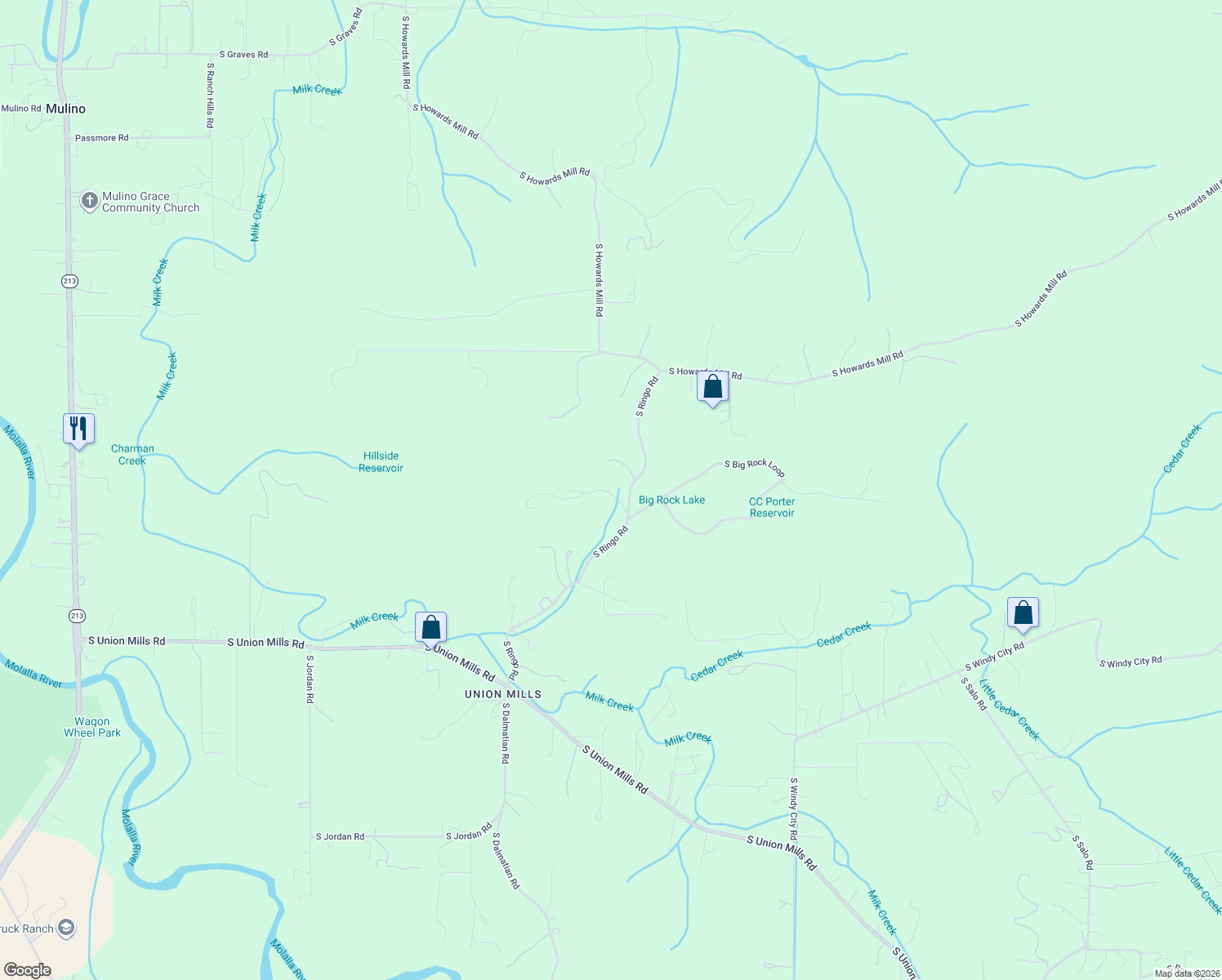 map of restaurants, bars, coffee shops, grocery stores, and more near 27571 South Ringo Road in Mulino