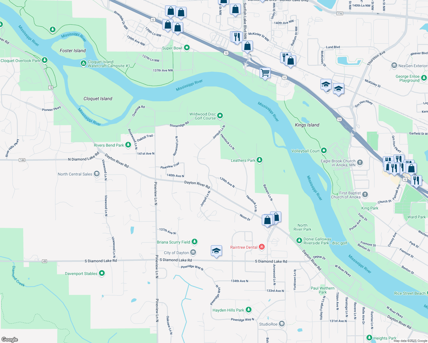 map of restaurants, bars, coffee shops, grocery stores, and more near 14000 Jonquil Lane North in Dayton
