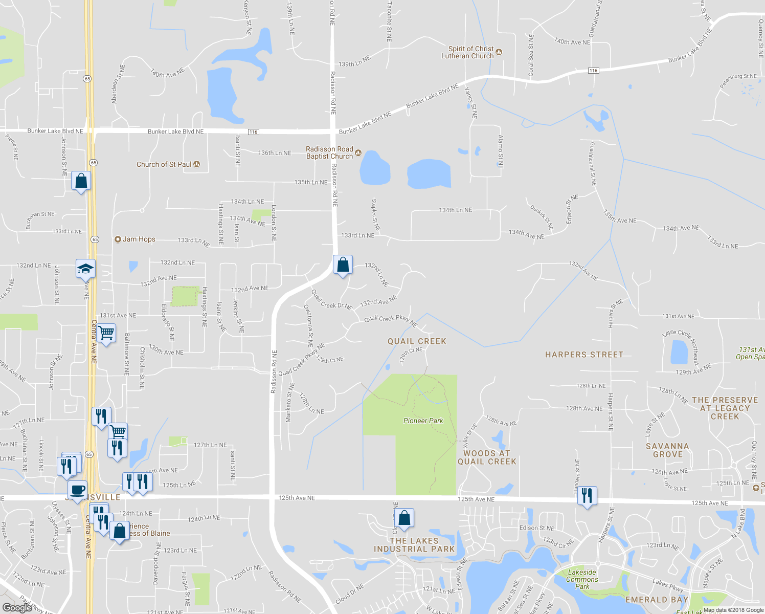 map of restaurants, bars, coffee shops, grocery stores, and more near 2364 132nd Avenue Northeast in Blaine