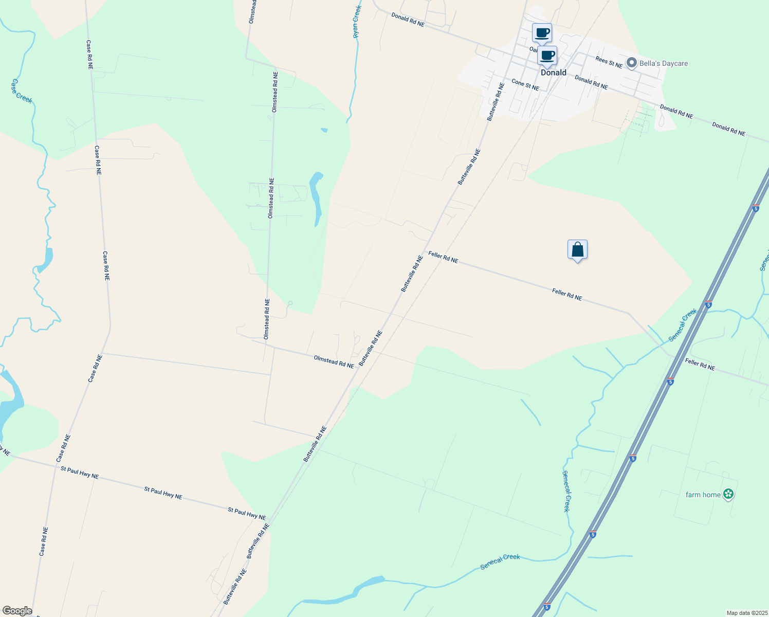 map of restaurants, bars, coffee shops, grocery stores, and more near 19975 Butteville Road Northeast in Hubbard