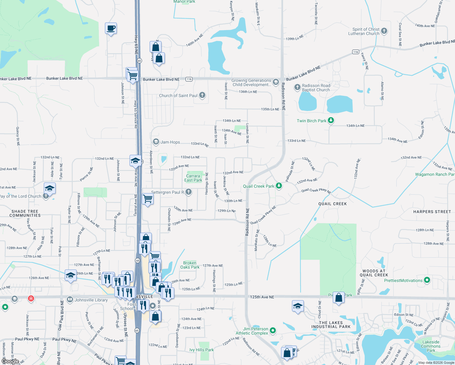 map of restaurants, bars, coffee shops, grocery stores, and more near 13155 Jenkins Street Northeast in Blaine