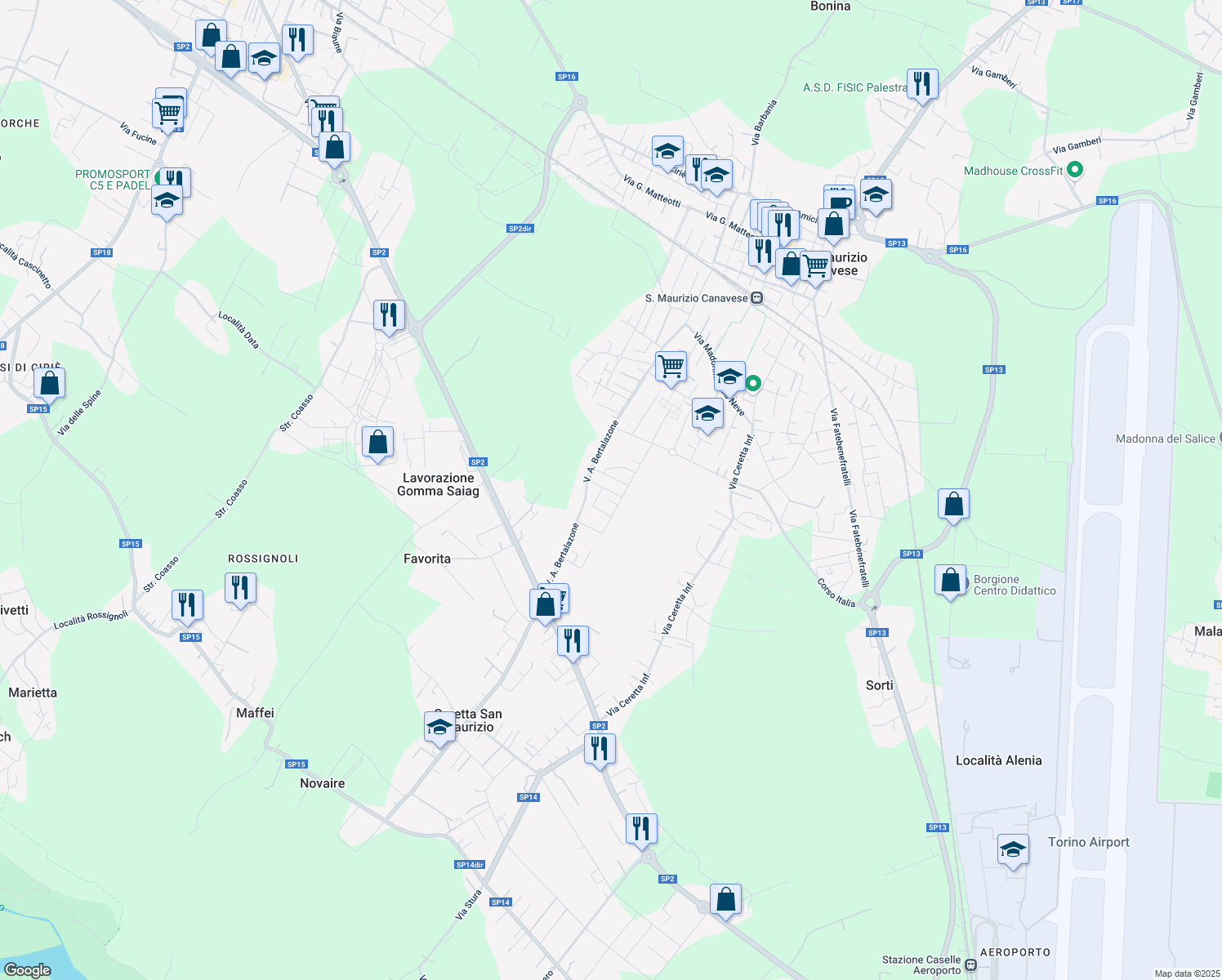 map of restaurants, bars, coffee shops, grocery stores, and more near 16 Via Chinnici in Città Metropolitana di Torino