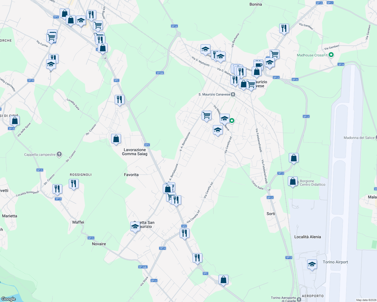map of restaurants, bars, coffee shops, grocery stores, and more near 16 Via Chinnici in Città Metropolitana di Torino