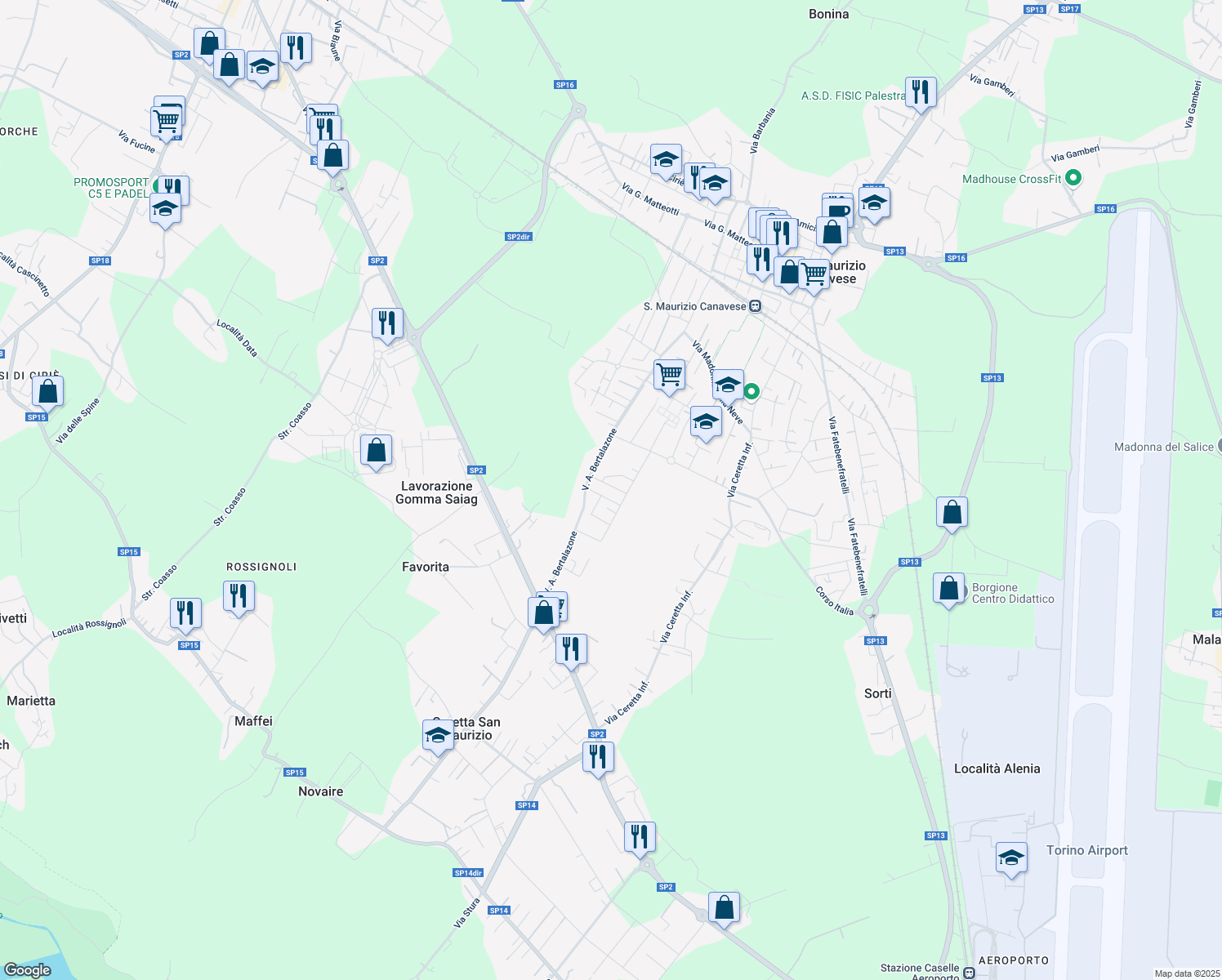 map of restaurants, bars, coffee shops, grocery stores, and more near 16 Via Chinnici in Città Metropolitana di Torino