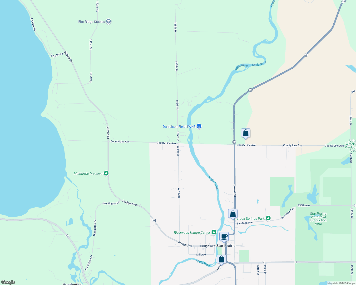 map of restaurants, bars, coffee shops, grocery stores, and more near 2 185th St in Star Prairie