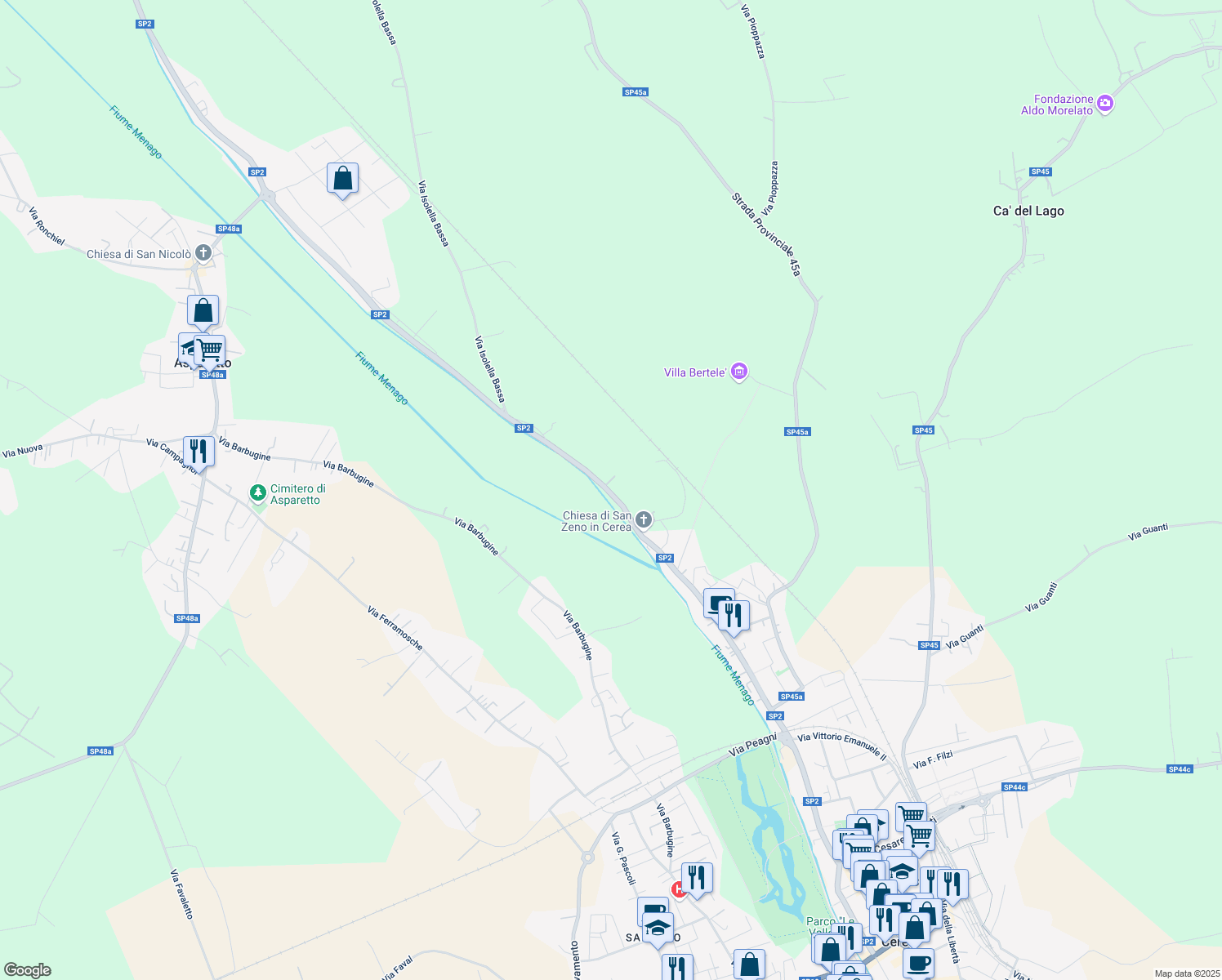 map of restaurants, bars, coffee shops, grocery stores, and more near 76 Via San Zeno in Cerea