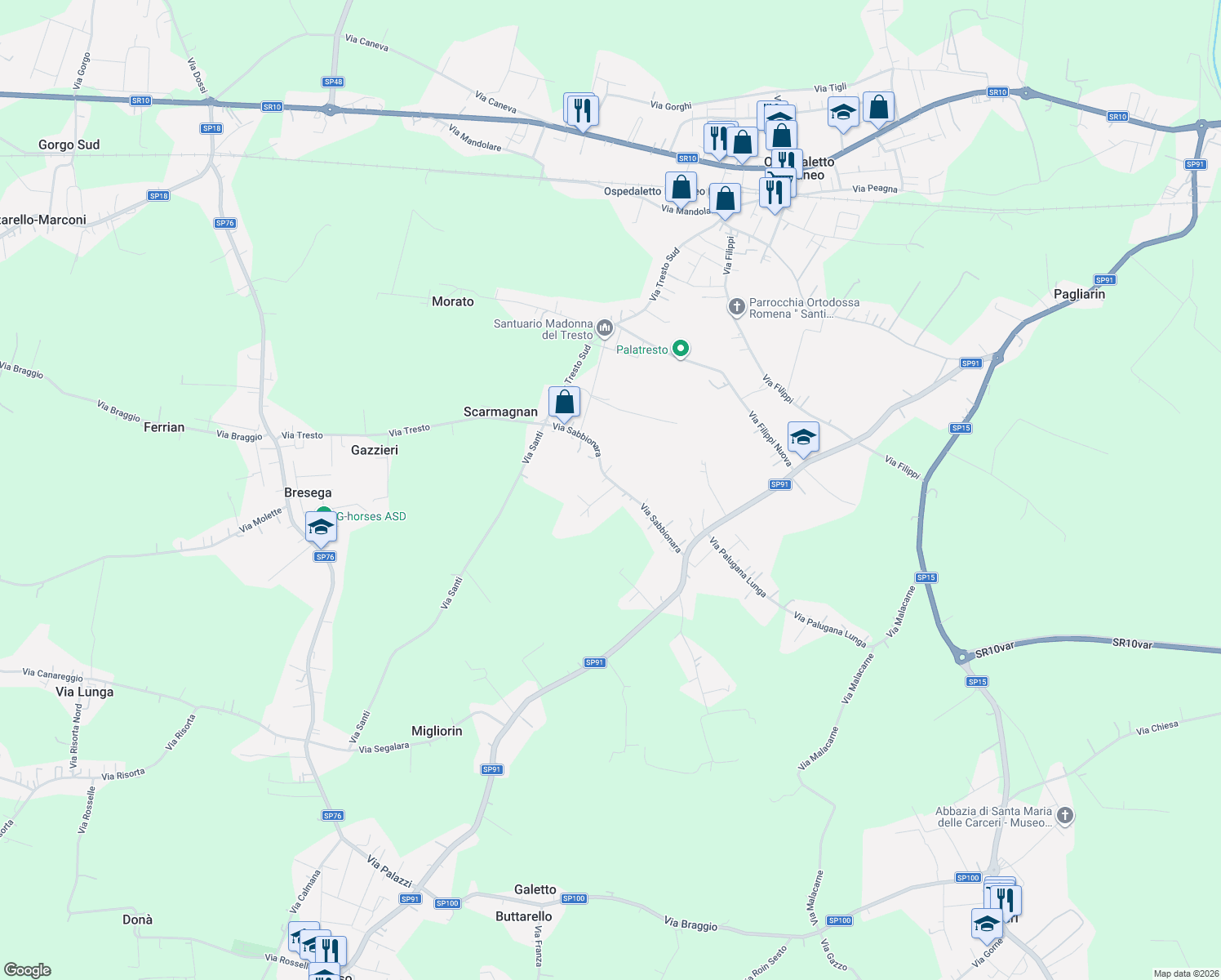 map of restaurants, bars, coffee shops, grocery stores, and more near 68 Via Sabbionara in Ospedaletto Euganeo
