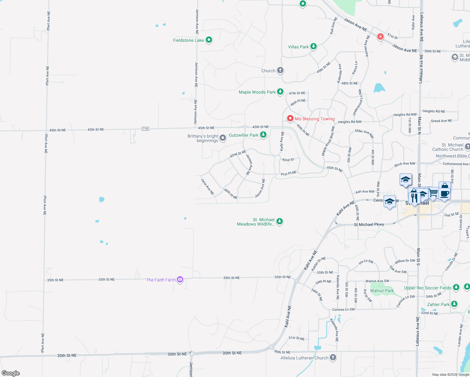 map of restaurants, bars, coffee shops, grocery stores, and more near 4077 Jansen Avenue Northeast in Saint Michael