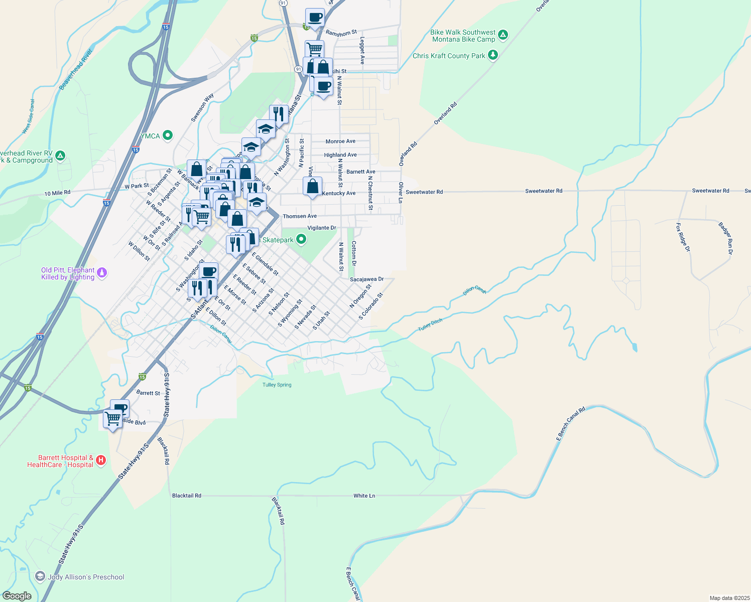 map of restaurants, bars, coffee shops, grocery stores, and more near 1299 East Helena Street in Dillon