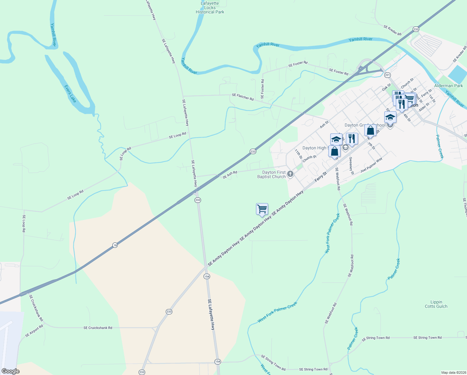 map of restaurants, bars, coffee shops, grocery stores, and more near 13400 SE Ash Rd in Dayton