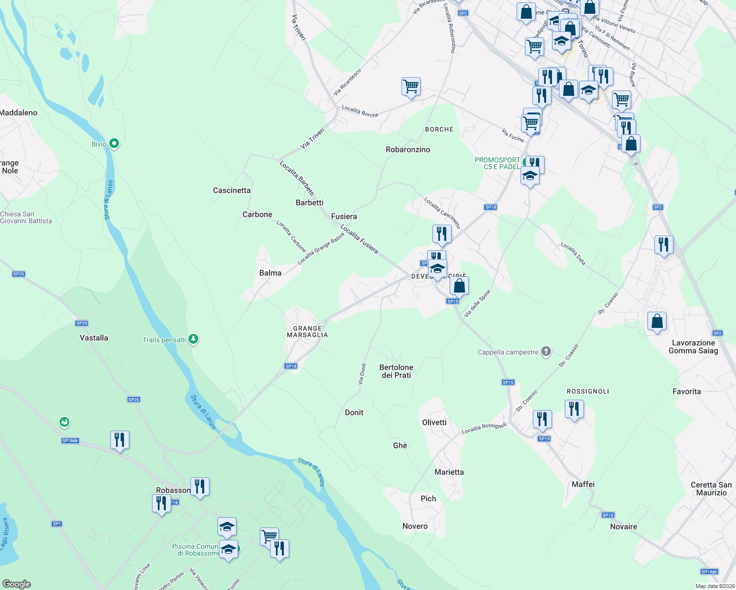 map of restaurants, bars, coffee shops, grocery stores, and more near 34 Via Stura in Ciriè