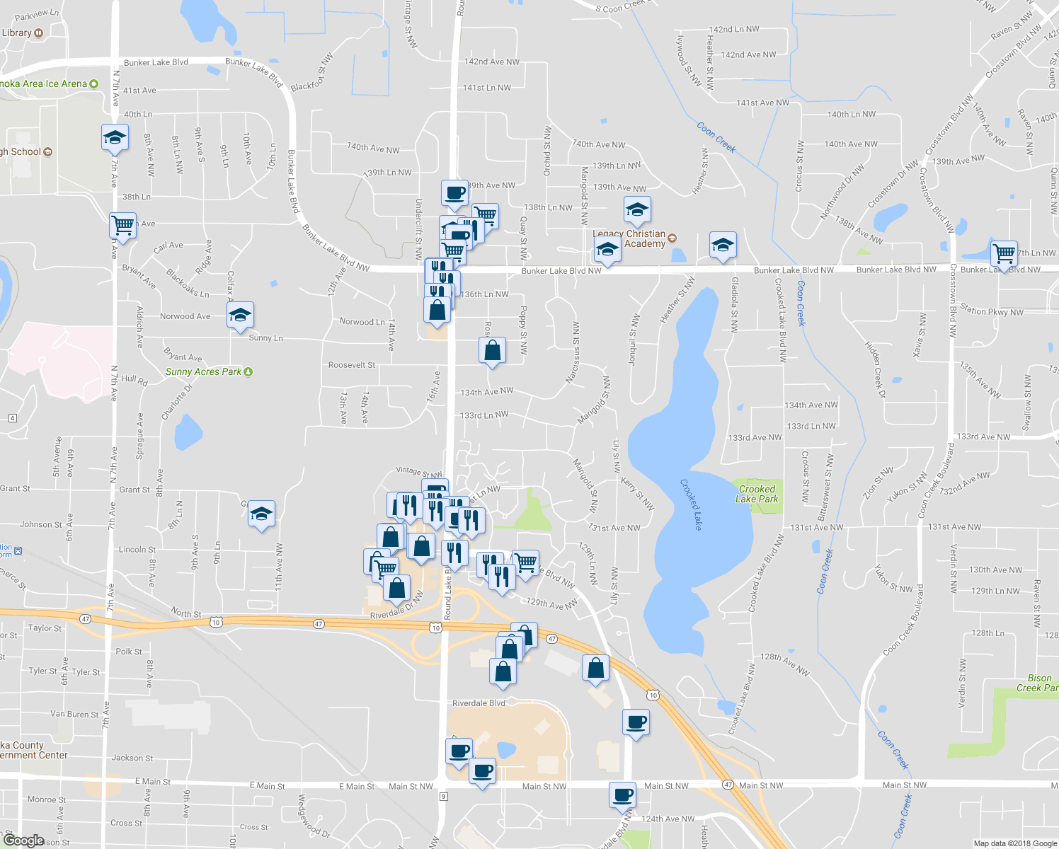 map of restaurants, bars, coffee shops, grocery stores, and more near 3404 133rd Lane Northwest in Andover