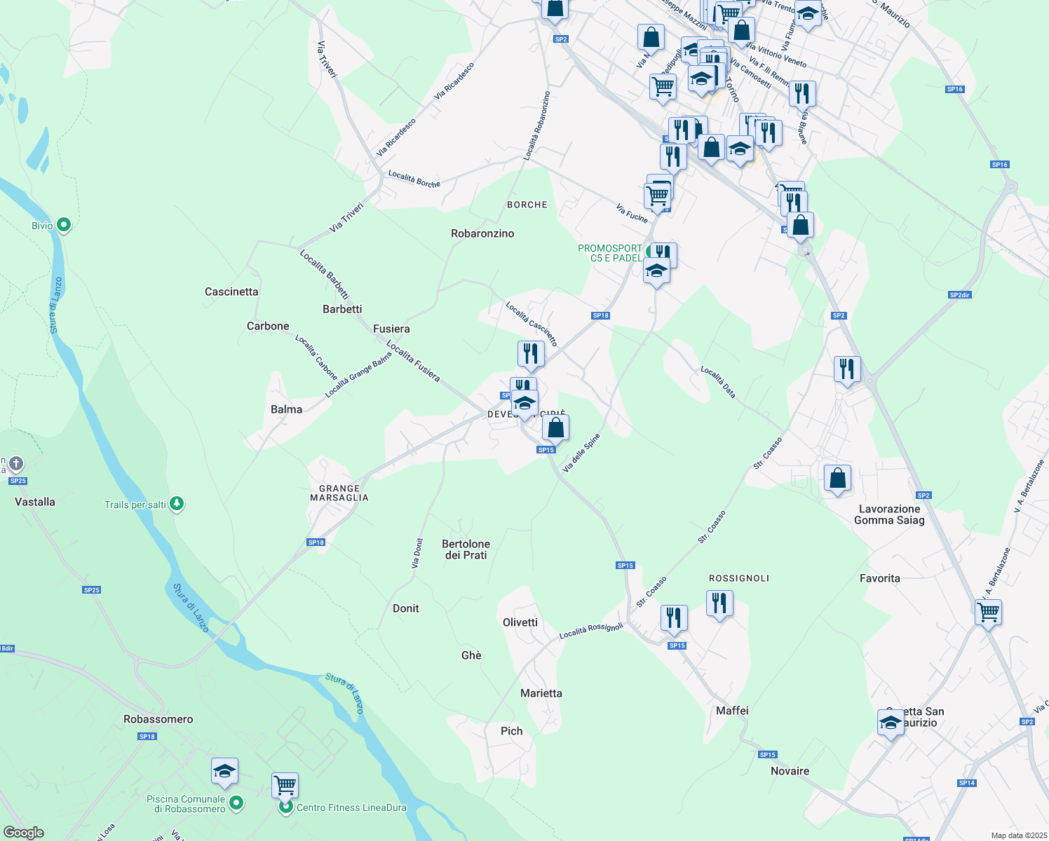 map of restaurants, bars, coffee shops, grocery stores, and more near 47 Strada Provinciale 15 in Ciriè