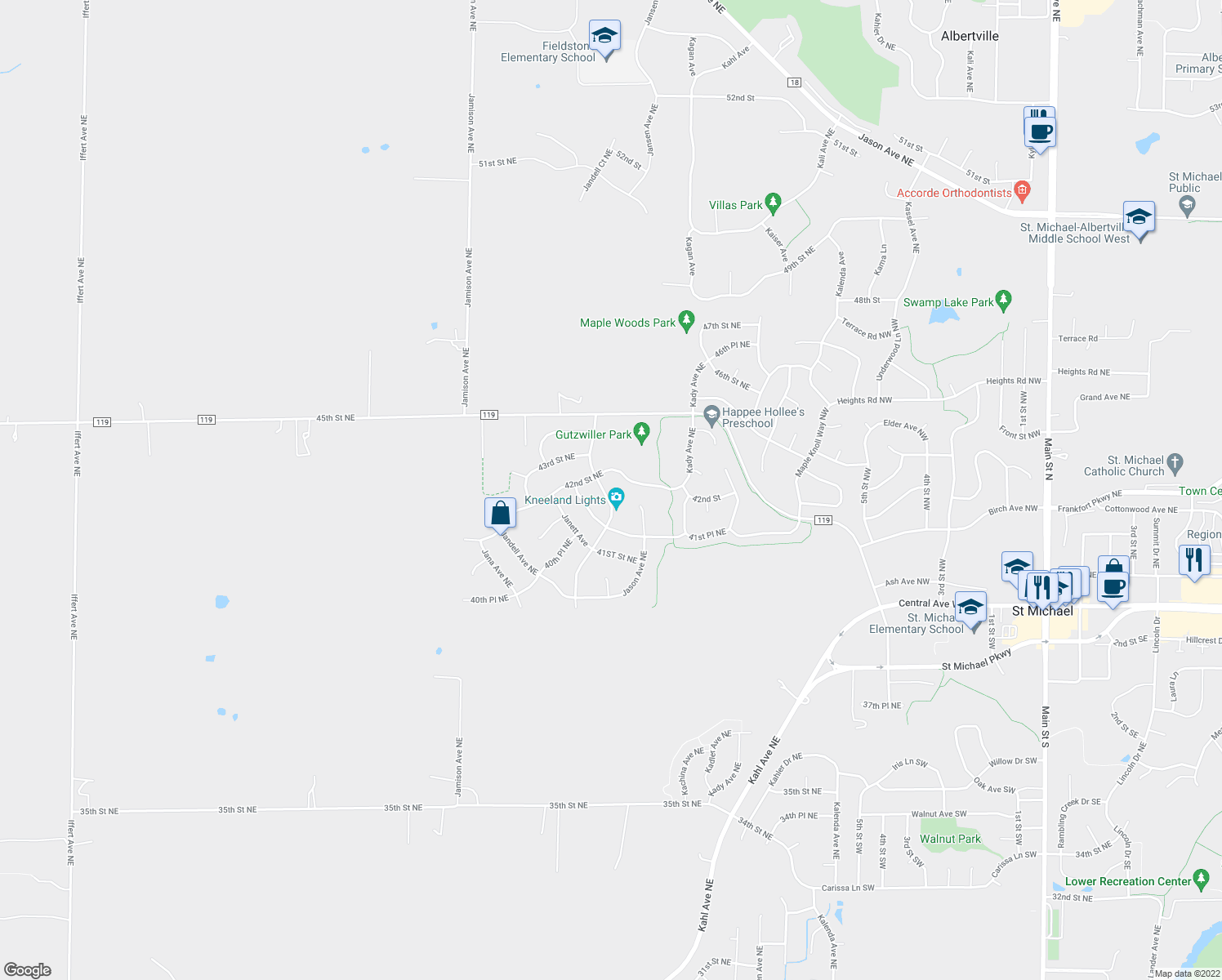 map of restaurants, bars, coffee shops, grocery stores, and more near 4180 Jansen Avenue Northeast in Saint Michael