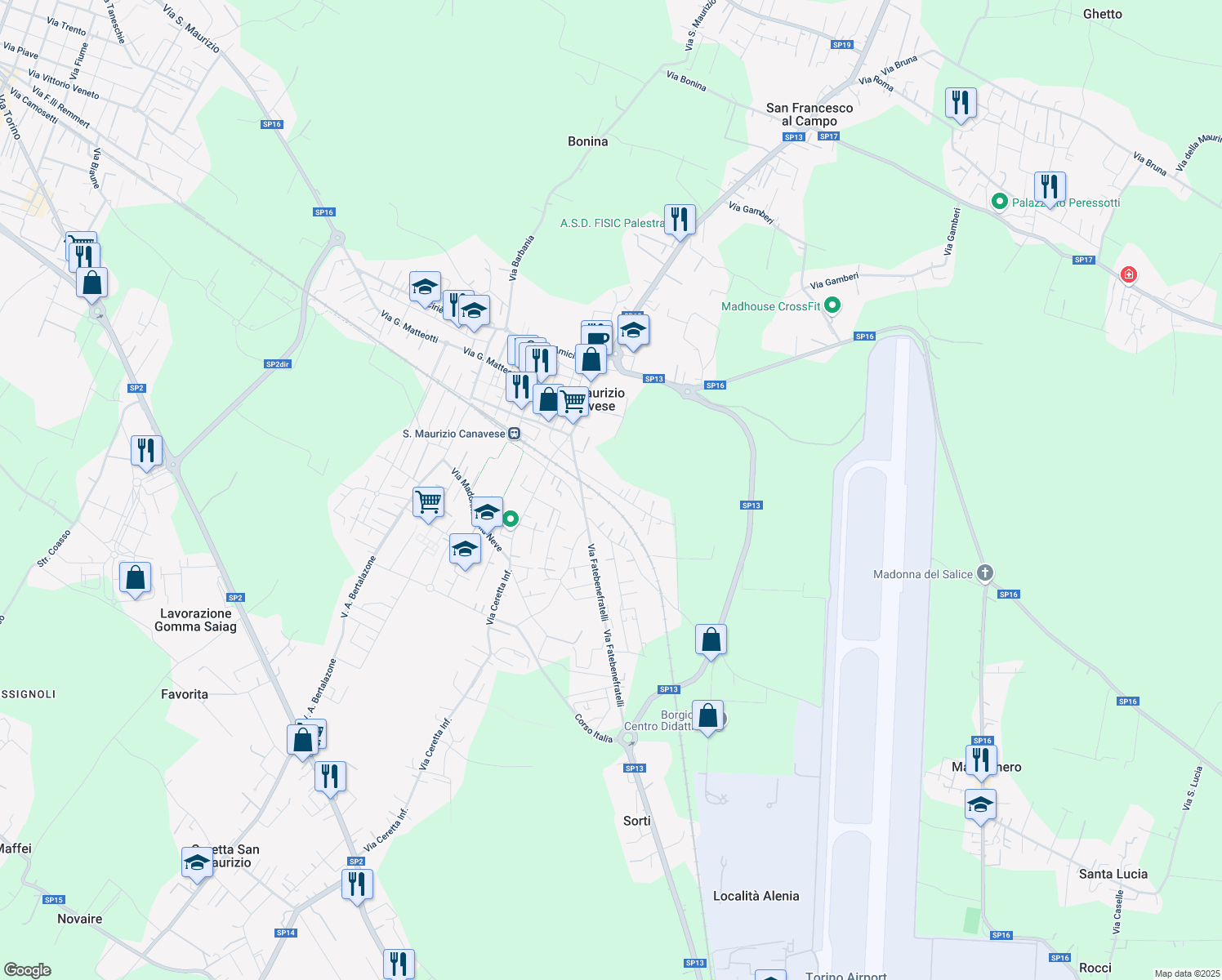 map of restaurants, bars, coffee shops, grocery stores, and more near 10 Via Alcide de Gasperi in San Maurizio Canavese