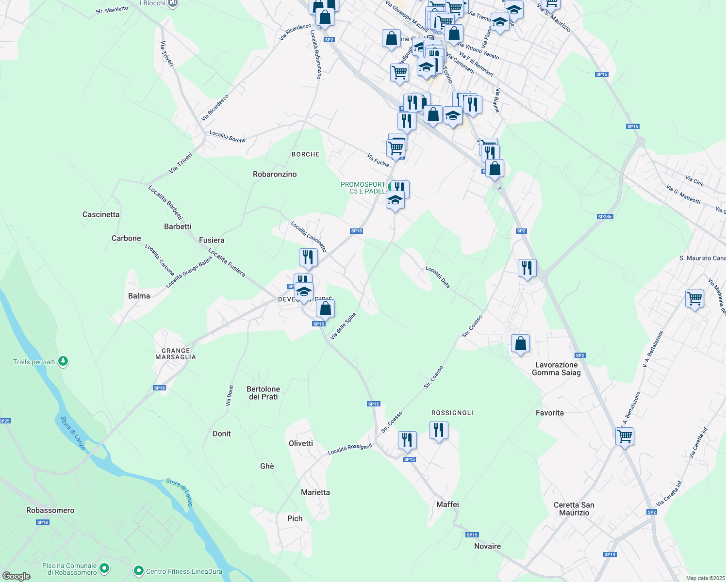 map of restaurants, bars, coffee shops, grocery stores, and more near 42 Via delle Spine in Ciriè