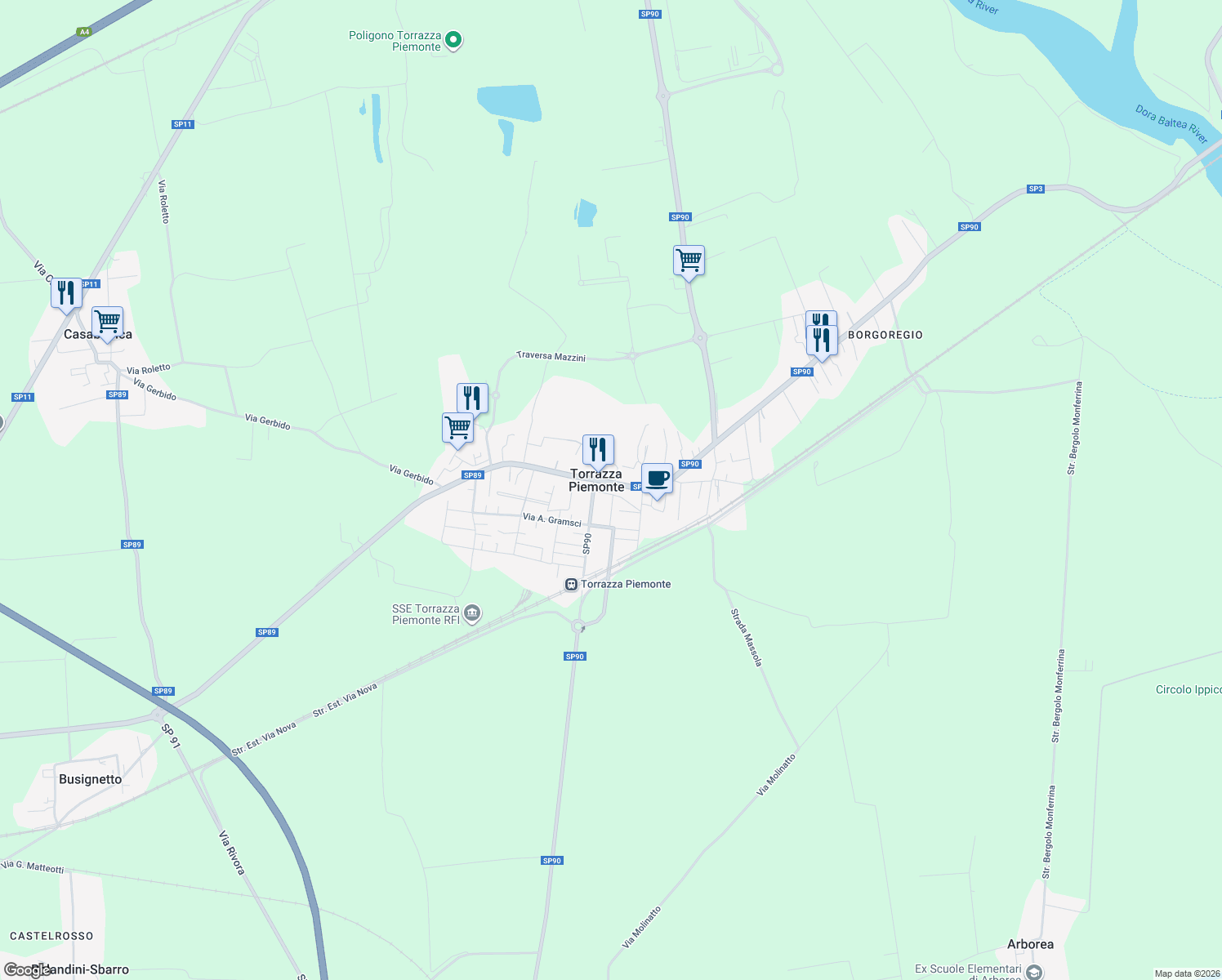 map of restaurants, bars, coffee shops, grocery stores, and more near 5 Via San Giacomo in Torrazza Piemonte