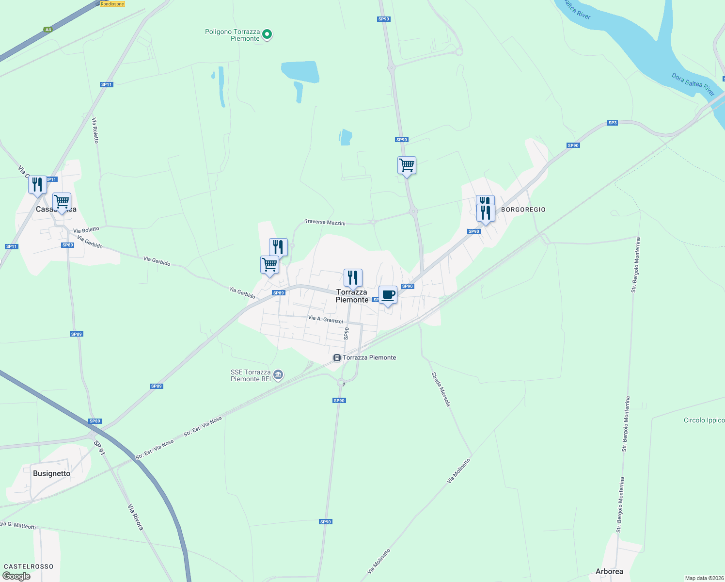 map of restaurants, bars, coffee shops, grocery stores, and more near 5 Via S. Giacomo in Torrazza Piemonte